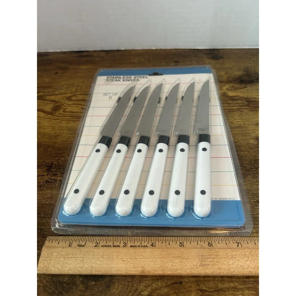 Vintage NOS Stainless Steel Steak Knife Set of 6 White Handles Taiwan ROC Sealed